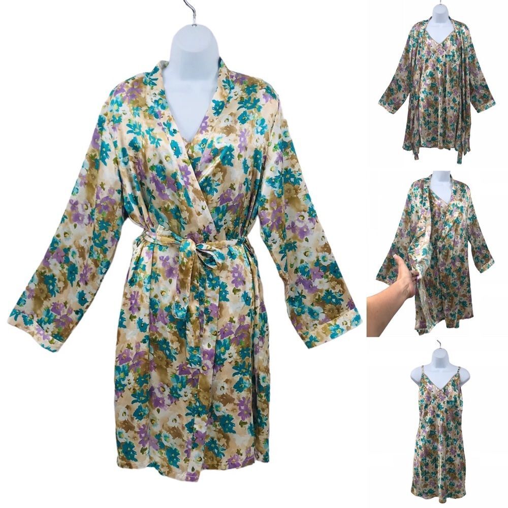 Chanteuse Lingerie Robe & Chemise 2 Piece Set Colorful Watercolor Print Large